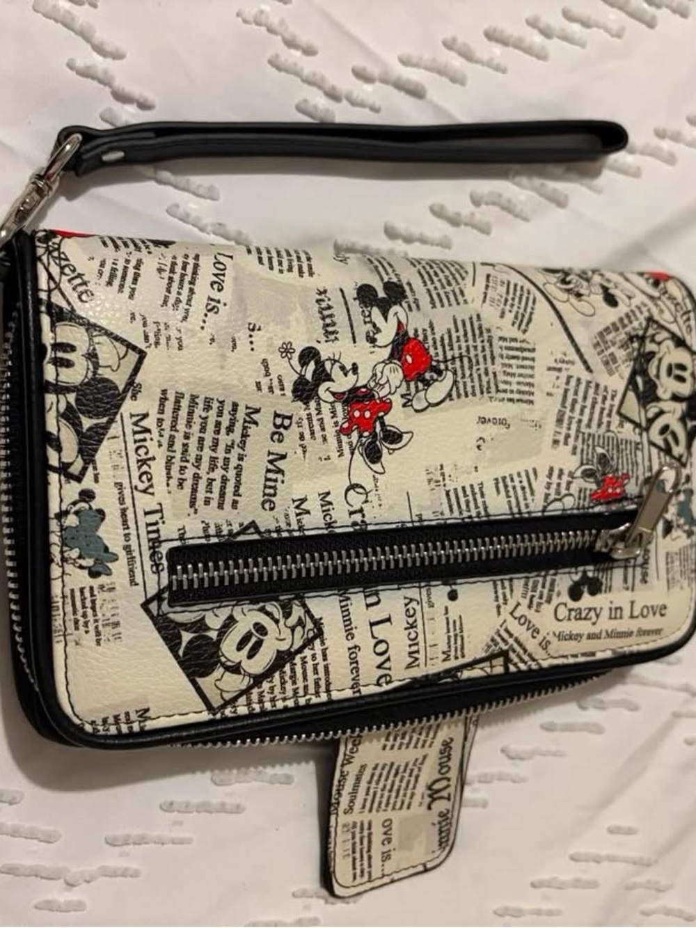 Disney Cream Newspaper Print Mickey & Minnie Wristlet with Red Accents